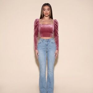 Velvet Long Sleeve Top in Burgundy